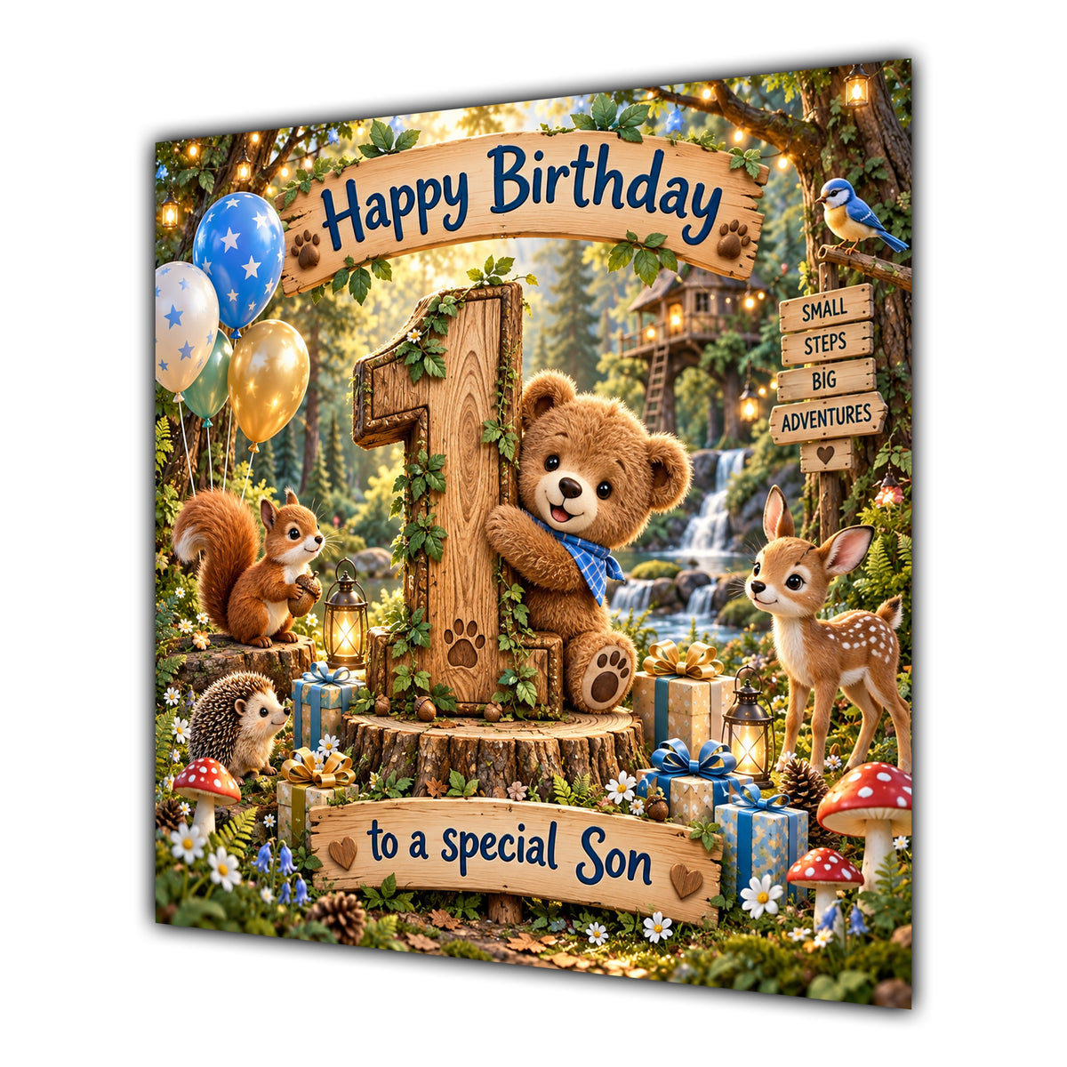 Son 1st Birthday Card Woodland Teddy Bear