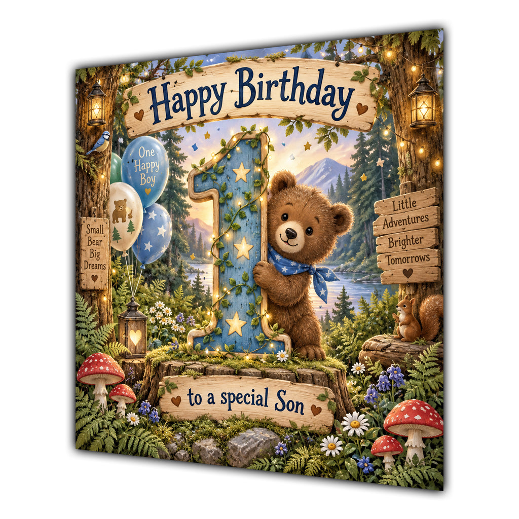 Son 1st Birthday Card Woodland Teddy Bear