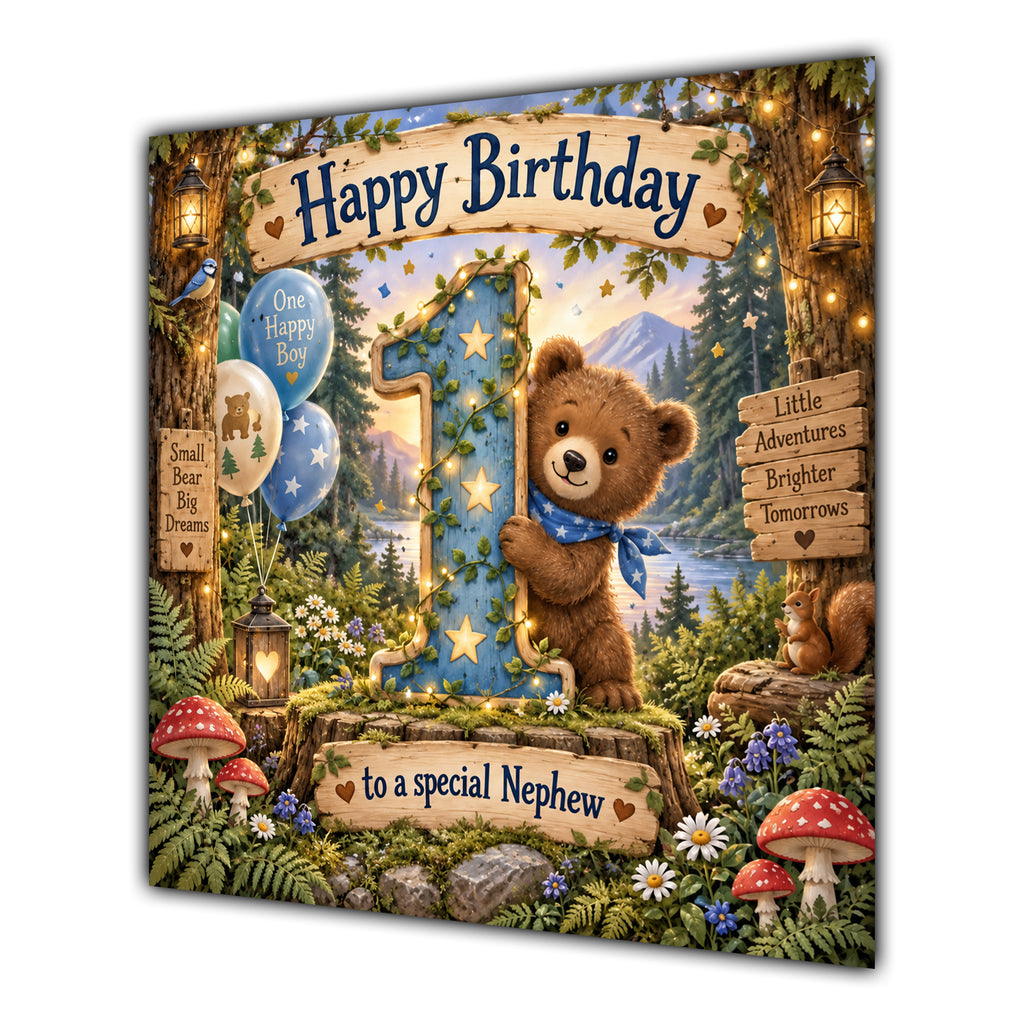 Nephew 1st Birthday Card Woodland Teddy Bear