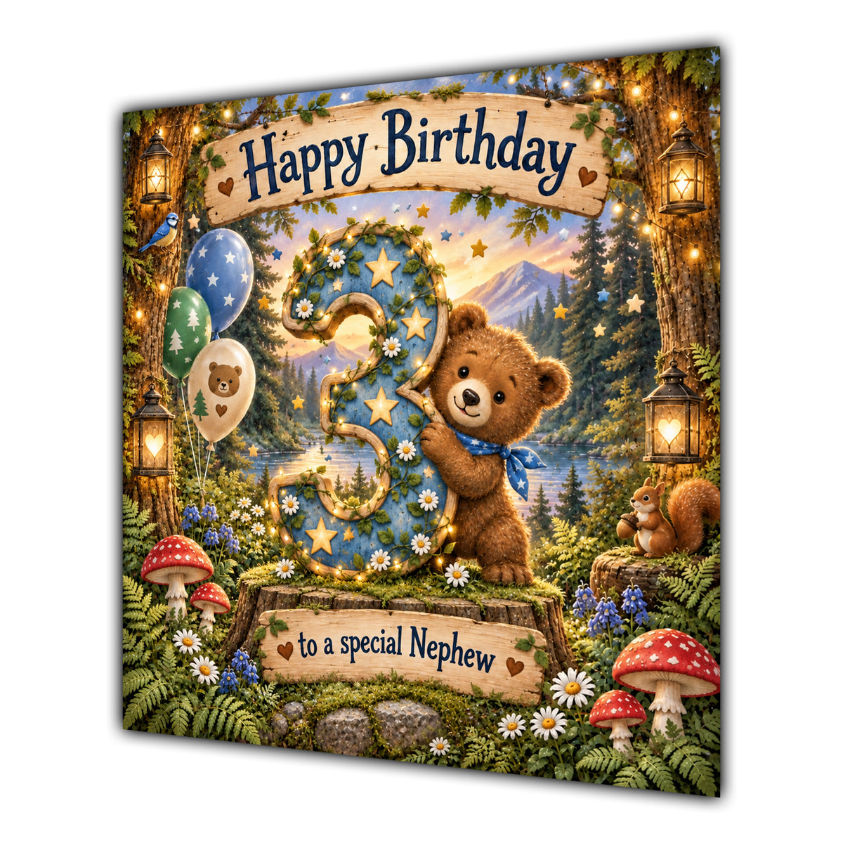 Nephew 3rd Birthday Card Woodland Teddy Bear
