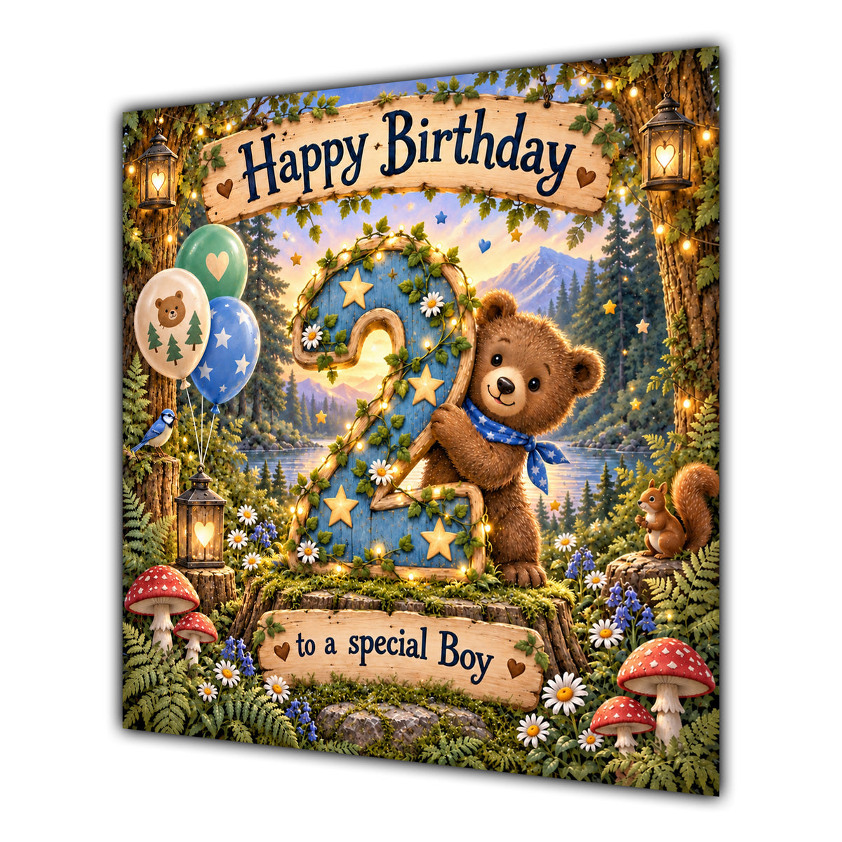 Boy 2nd Birthday Card Woodland Teddy Bear