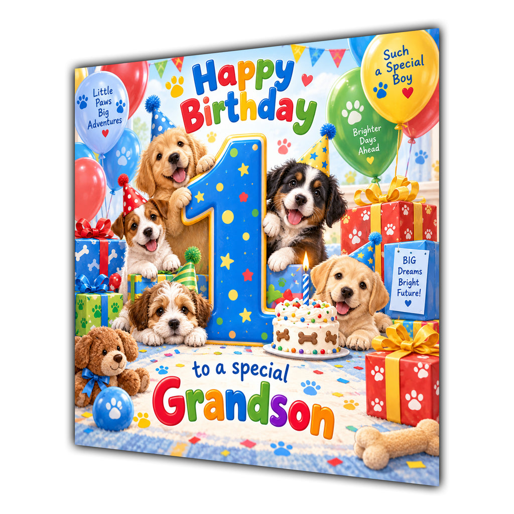 Grandson 1st Birthday Card Cute Puppies Balloons Presents