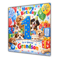 Grandson 1st Birthday Card Cute Puppies Balloons Presents