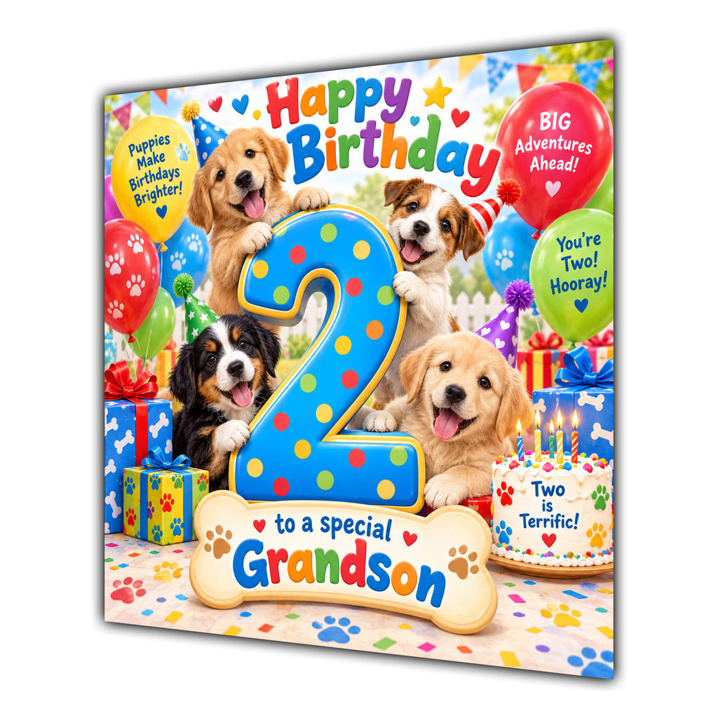 Grandson 2nd Birthday Card Cute Puppies Balloons Presents