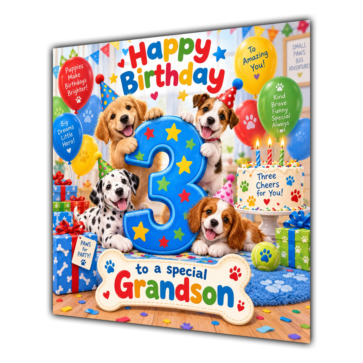 Grandson 3rd Birthday Card Cute Puppies Balloons Presents