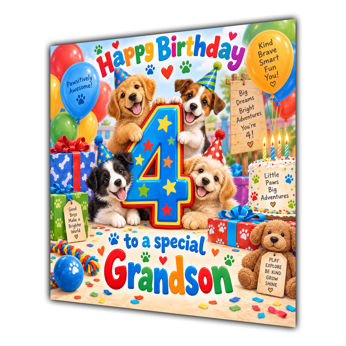 Grandson 4th Birthday Card Cute Puppies Balloons Presents