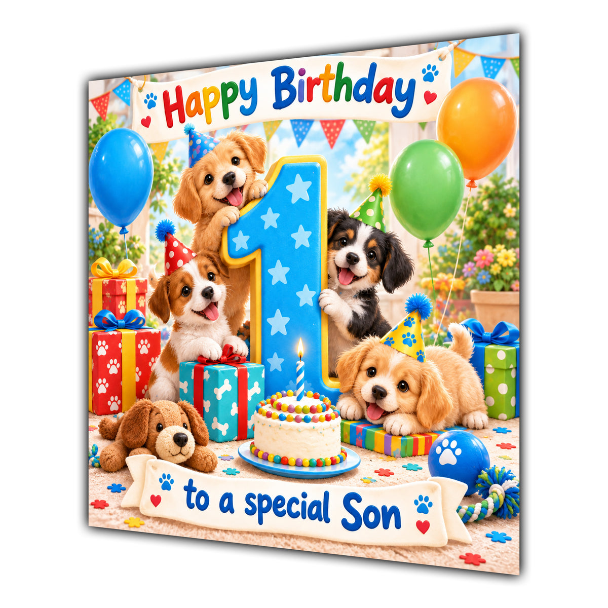 Son 1st Birthday Card Cute Puppies Balloons Presents