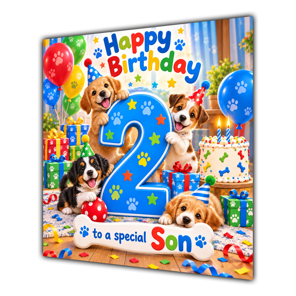 Son 2nd Birthday Card Cute Puppies Balloons Presents
