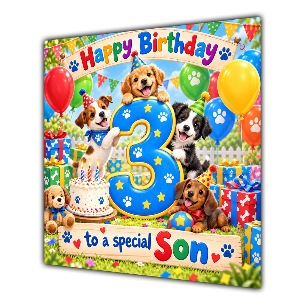 Son 3rd Birthday Card Cute Puppies Balloons Presents