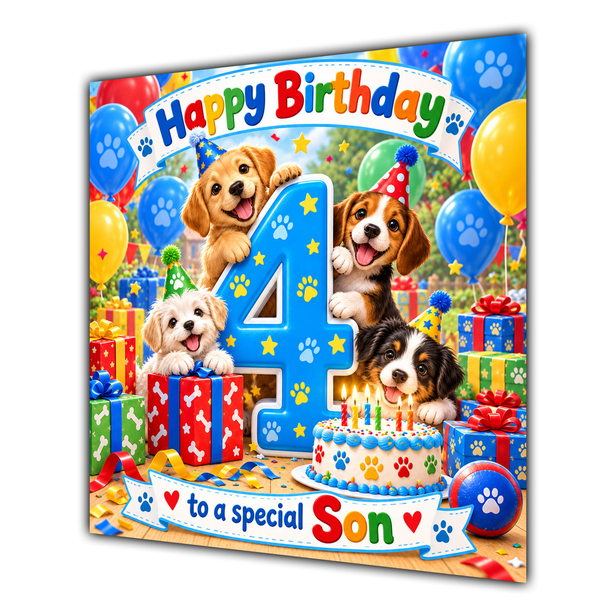 Son 4th Birthday Card Cute Puppies Balloons Presents
