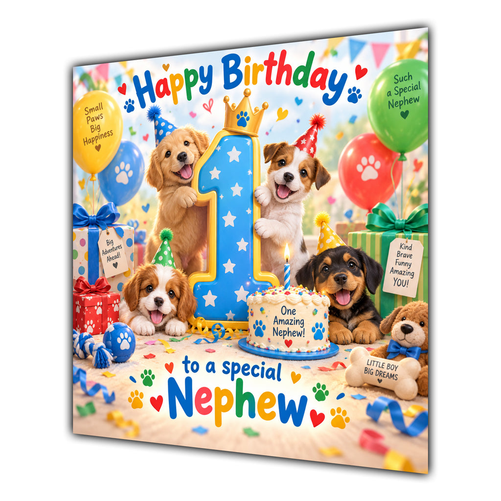 Nephew 1st Birthday Card Cute Puppies Balloons Presents