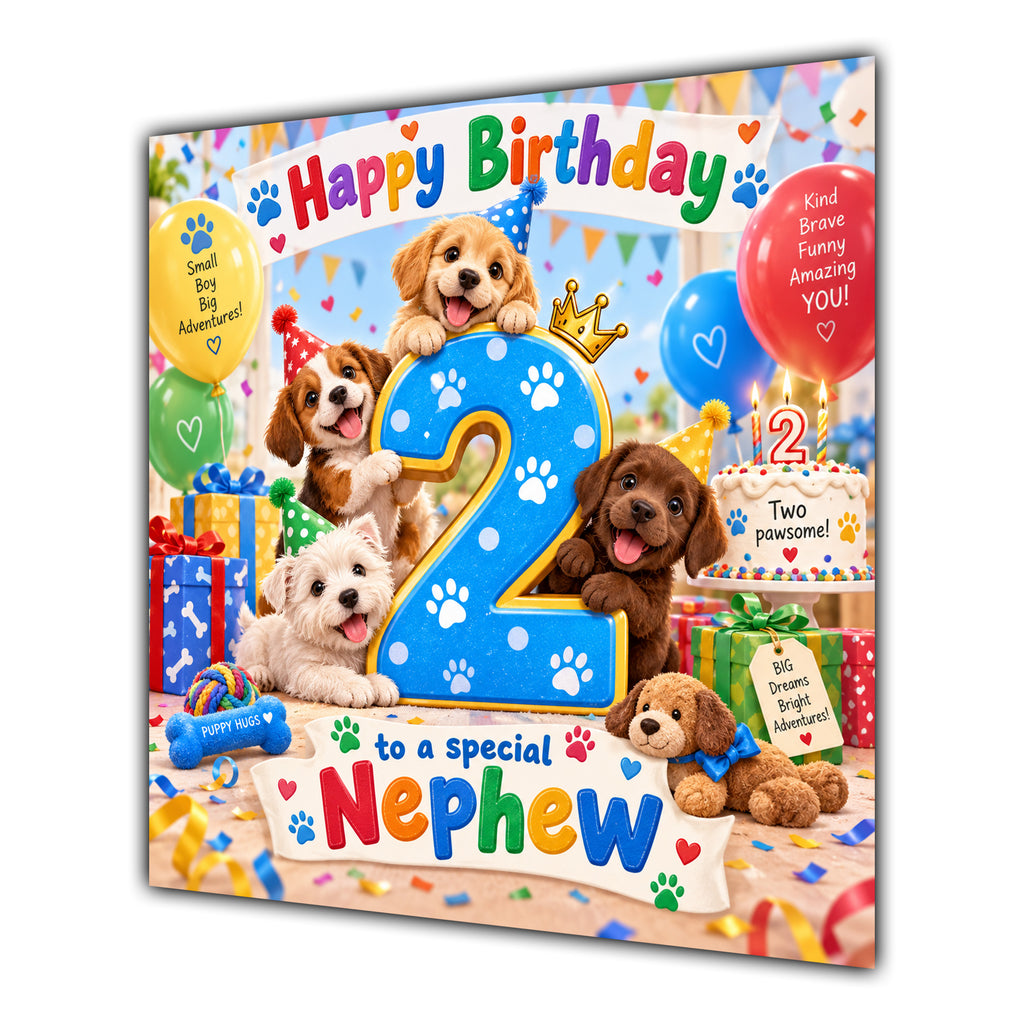 Nephew 2nd Birthday Card Cute Puppies Balloons Presents