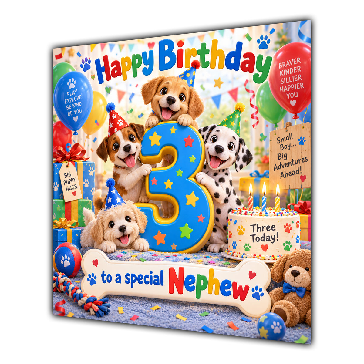 Nephew 3rd Birthday Card Cute Puppies Balloons Presents