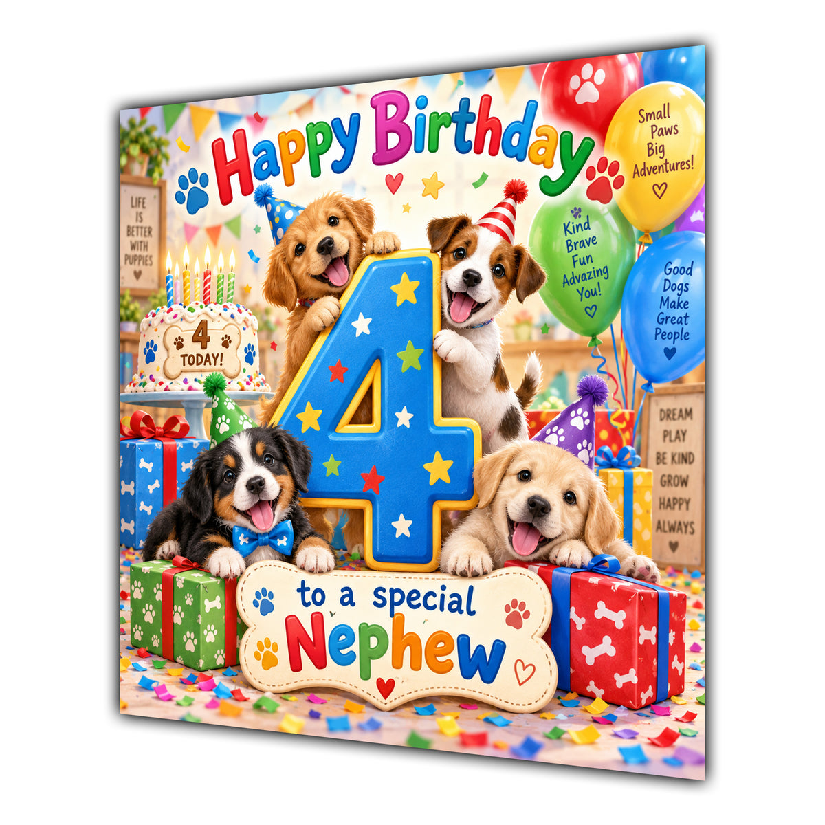 Nephew 4th Birthday Card Cute Puppies Balloons Presents