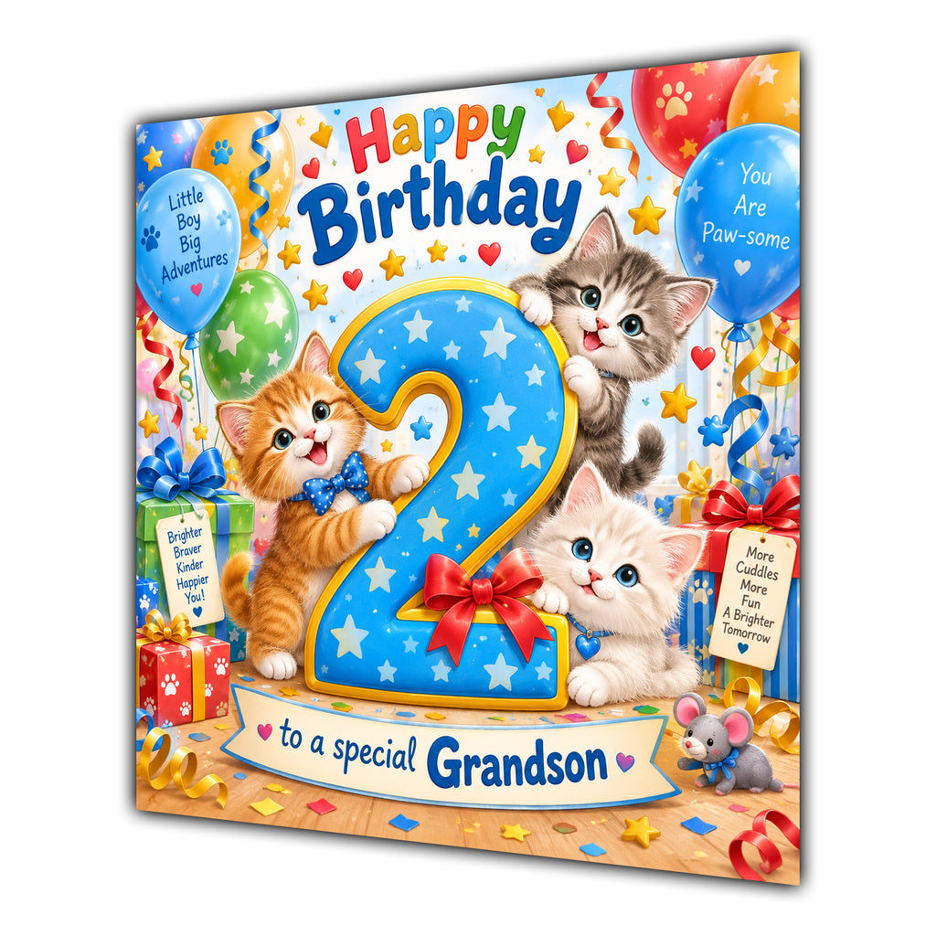 Grandson 2nd Birthday Card Cute Kittens Balloons Presents