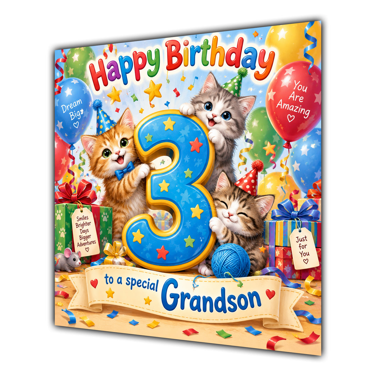 Grandson 3rd Birthday Card Cute Kittens Balloons Presents