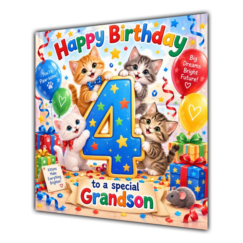 Grandson 4th Birthday Card Cute Kittens Balloons Presents