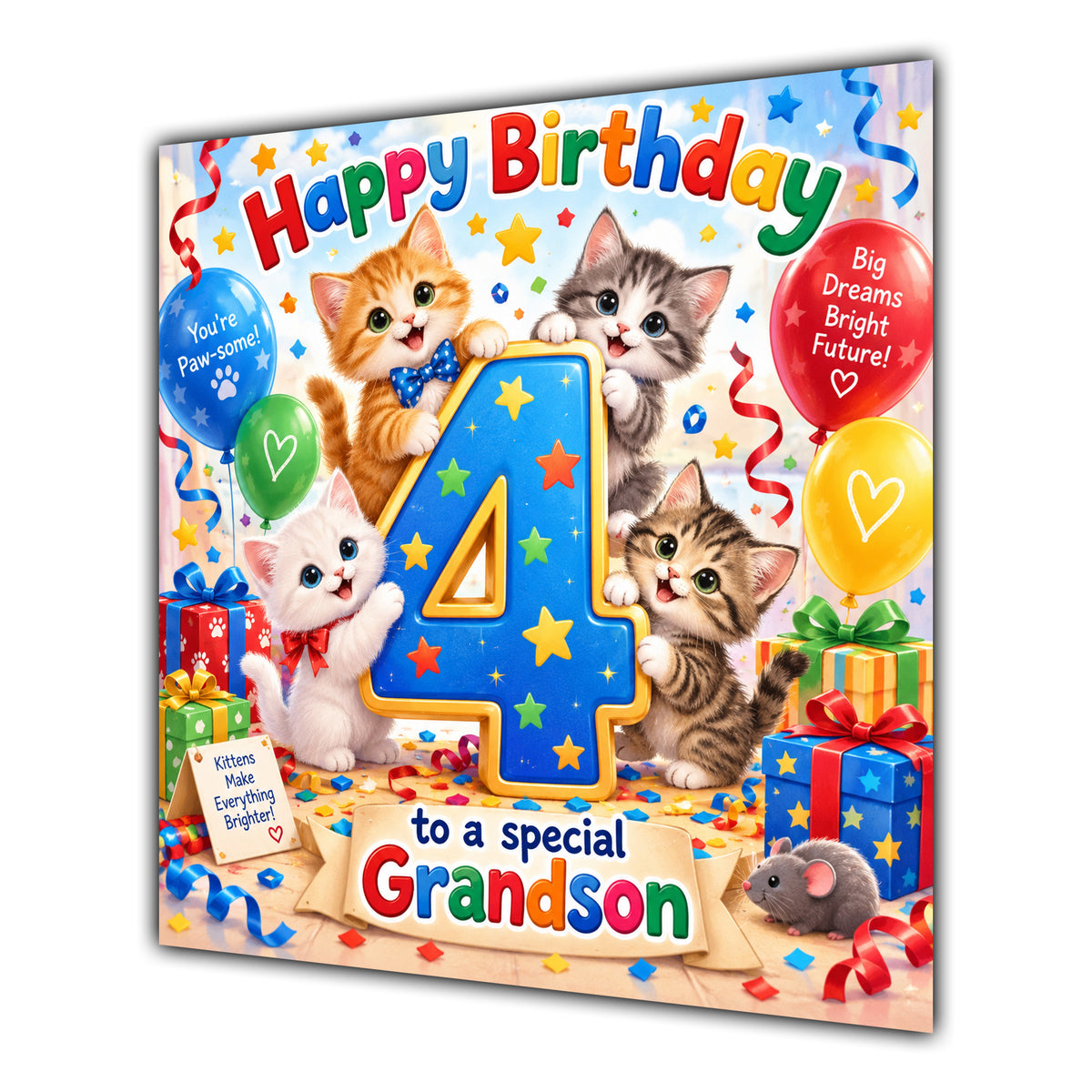 Grandson 4th Birthday Card Cute Kittens Balloons Presents