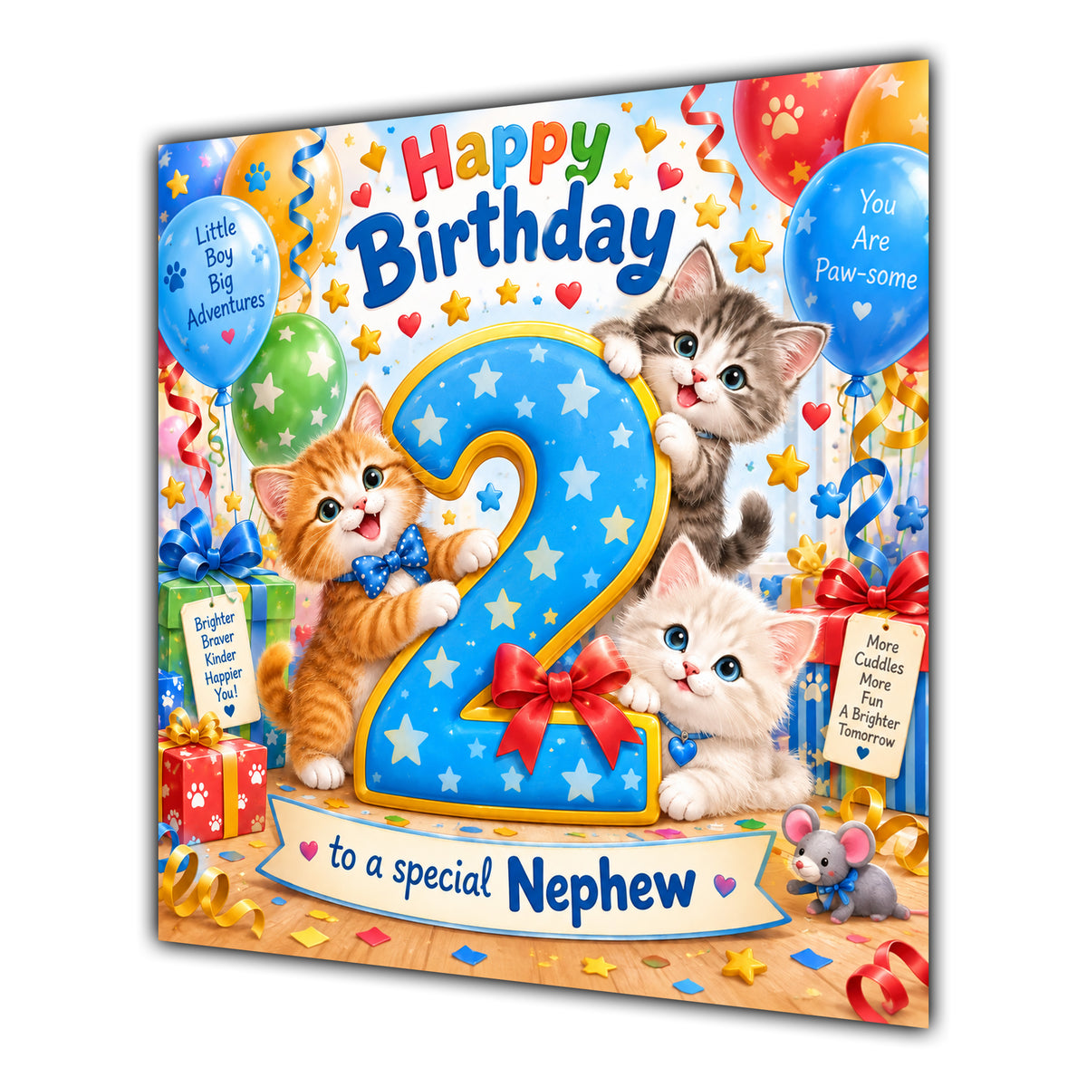 Nephew 2nd Birthday Card Cute Kittens Balloons Presents