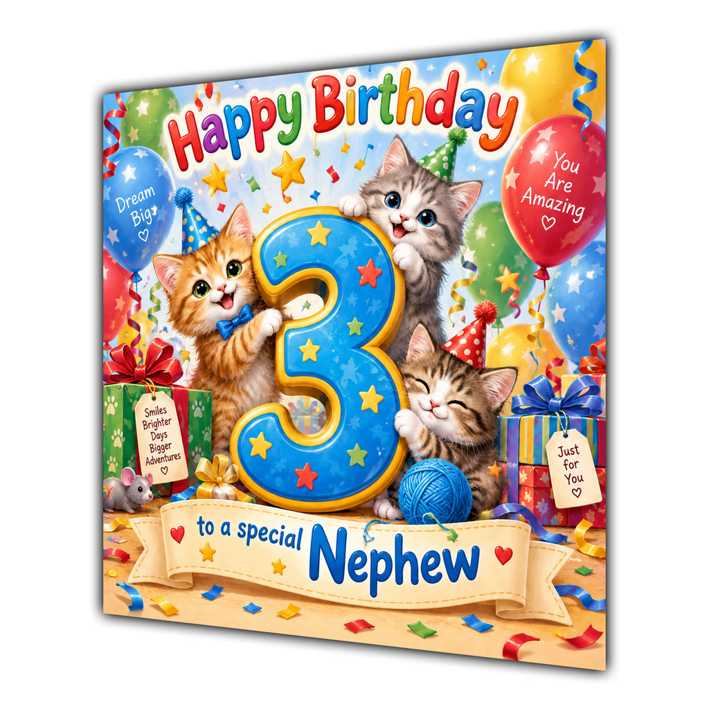 Nephew 3rd Birthday Card Cute Kittens Balloons Presents
