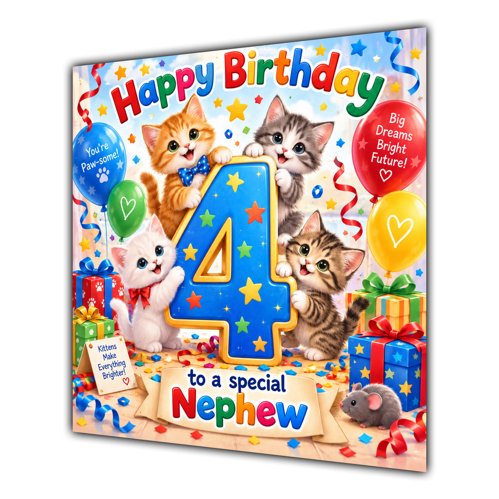 Nephew 4th Birthday Card Cute Kittens Balloons Presents
