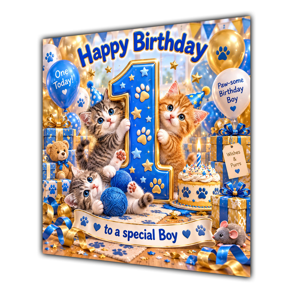 Boy 1st Birthday Card Cute Kittens Blue Gold Balloons