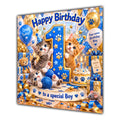 Boy 1st Birthday Card Cute Kittens Blue Gold Balloons