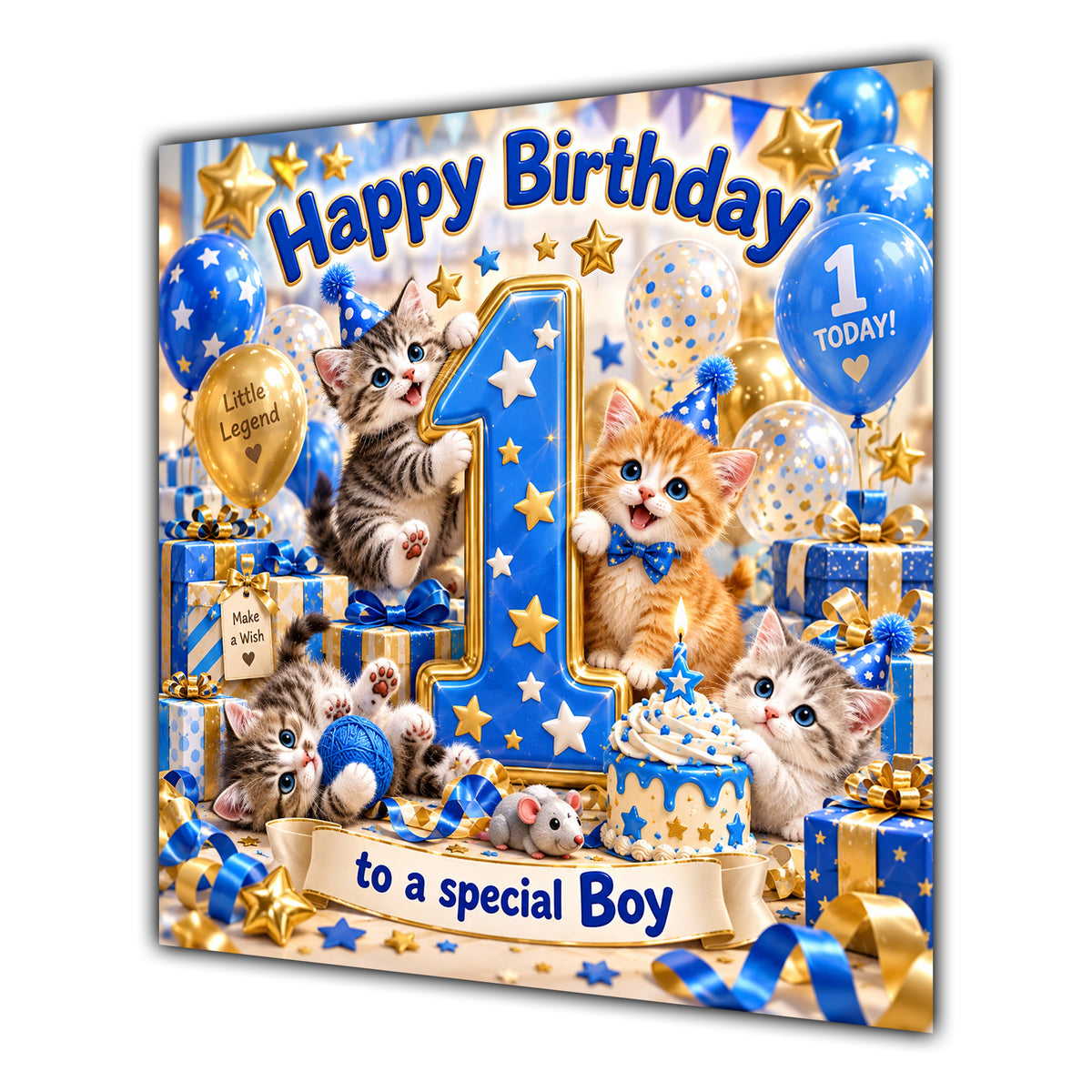 Boy 1st Birthday Card Cute Kittens Blue Gold Balloons