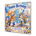 Boy 1st Birthday Card Cute Kittens Blue Gold Balloons