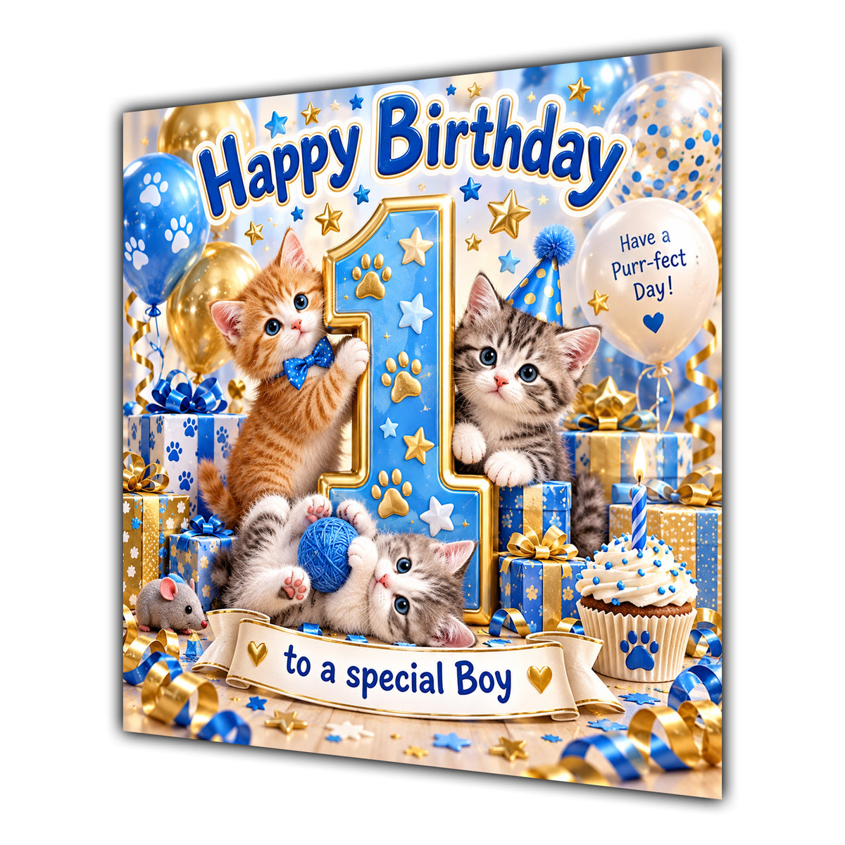 Boy 1st Birthday Card Cute Kittens Blue Gold Balloons