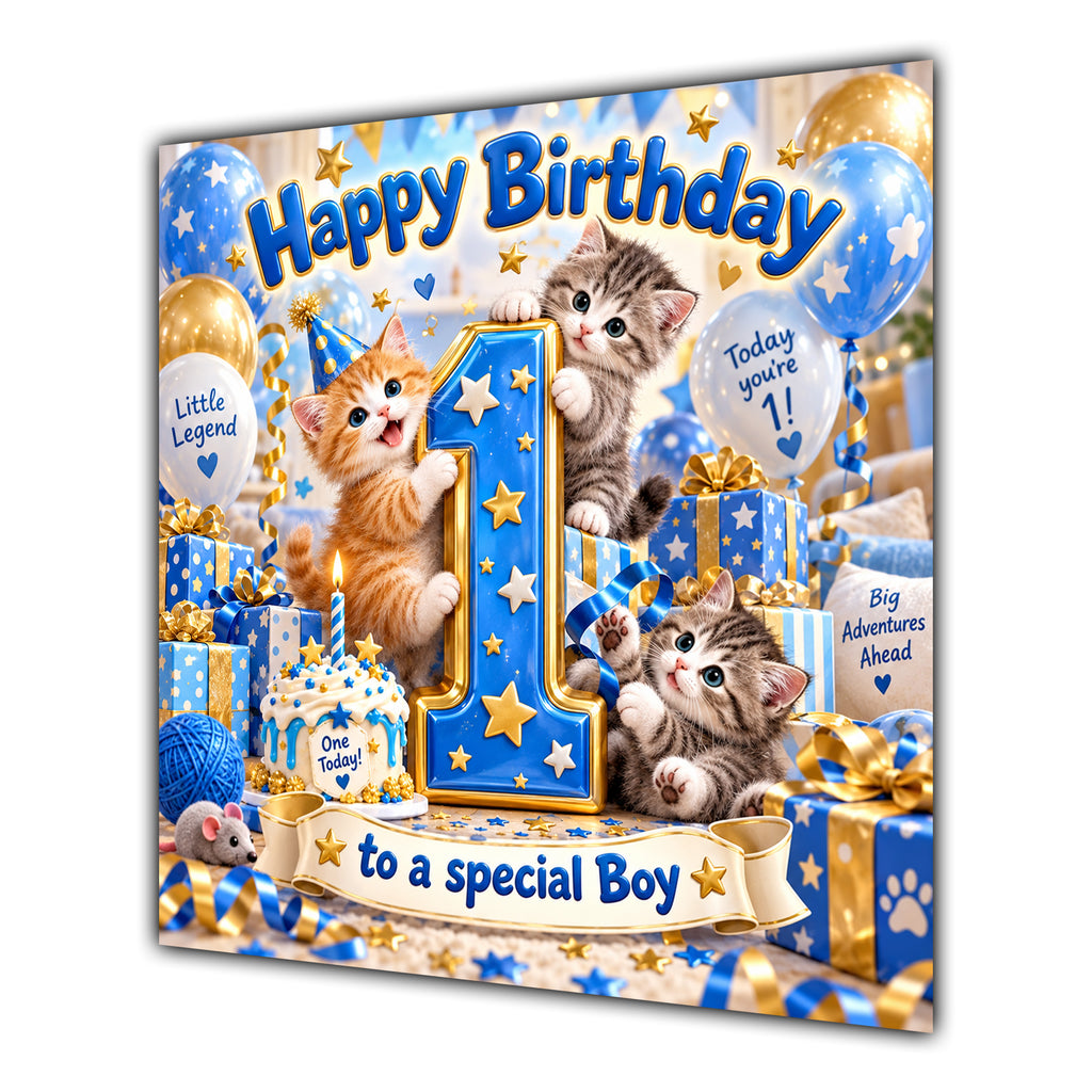 Boy 1st Birthday Card Cute Kittens Blue Gold Balloons