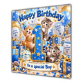 Boy 1st Birthday Card Cute Kittens Blue Gold Balloons