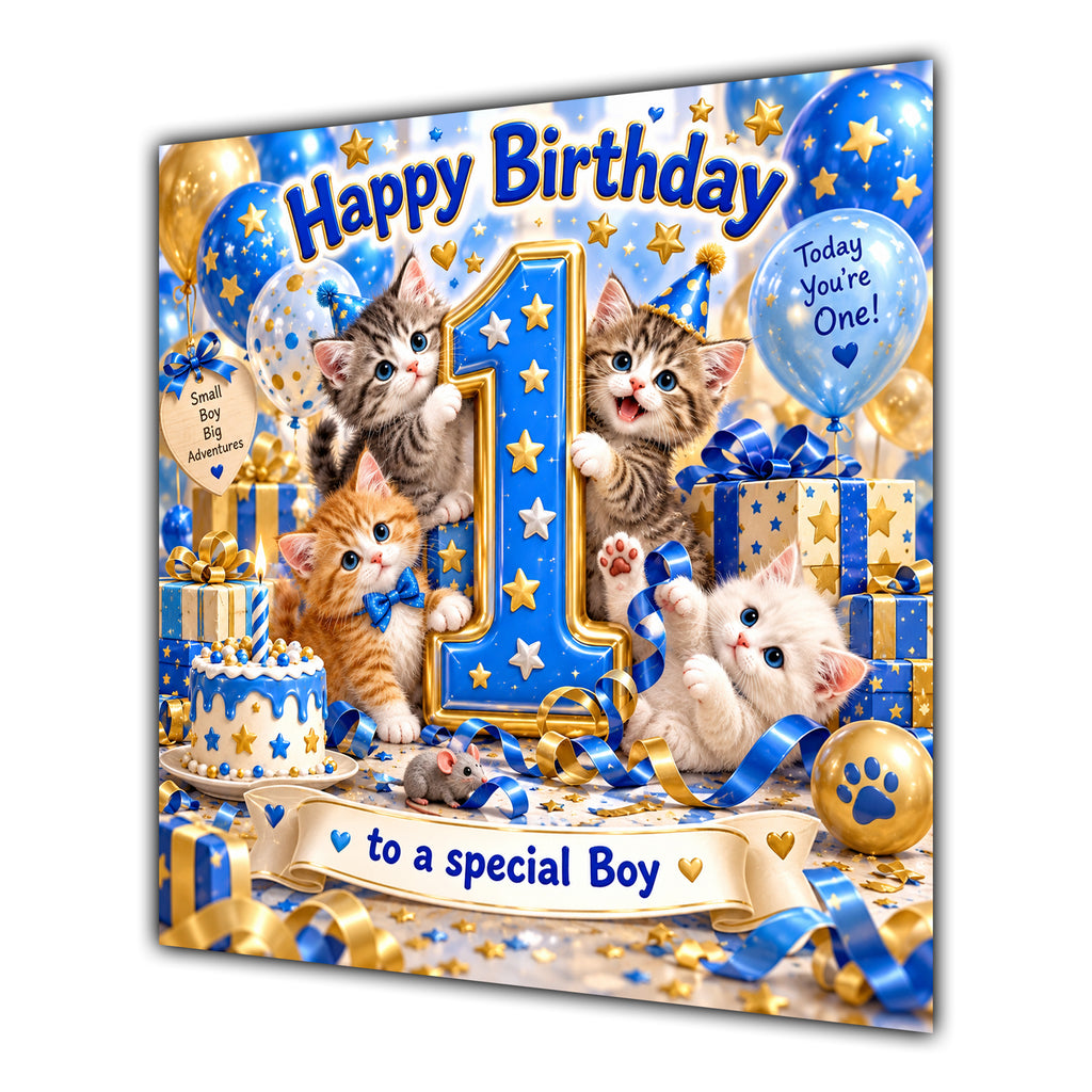 Boy 1st Birthday Card Cute Kittens Blue Gold Balloons