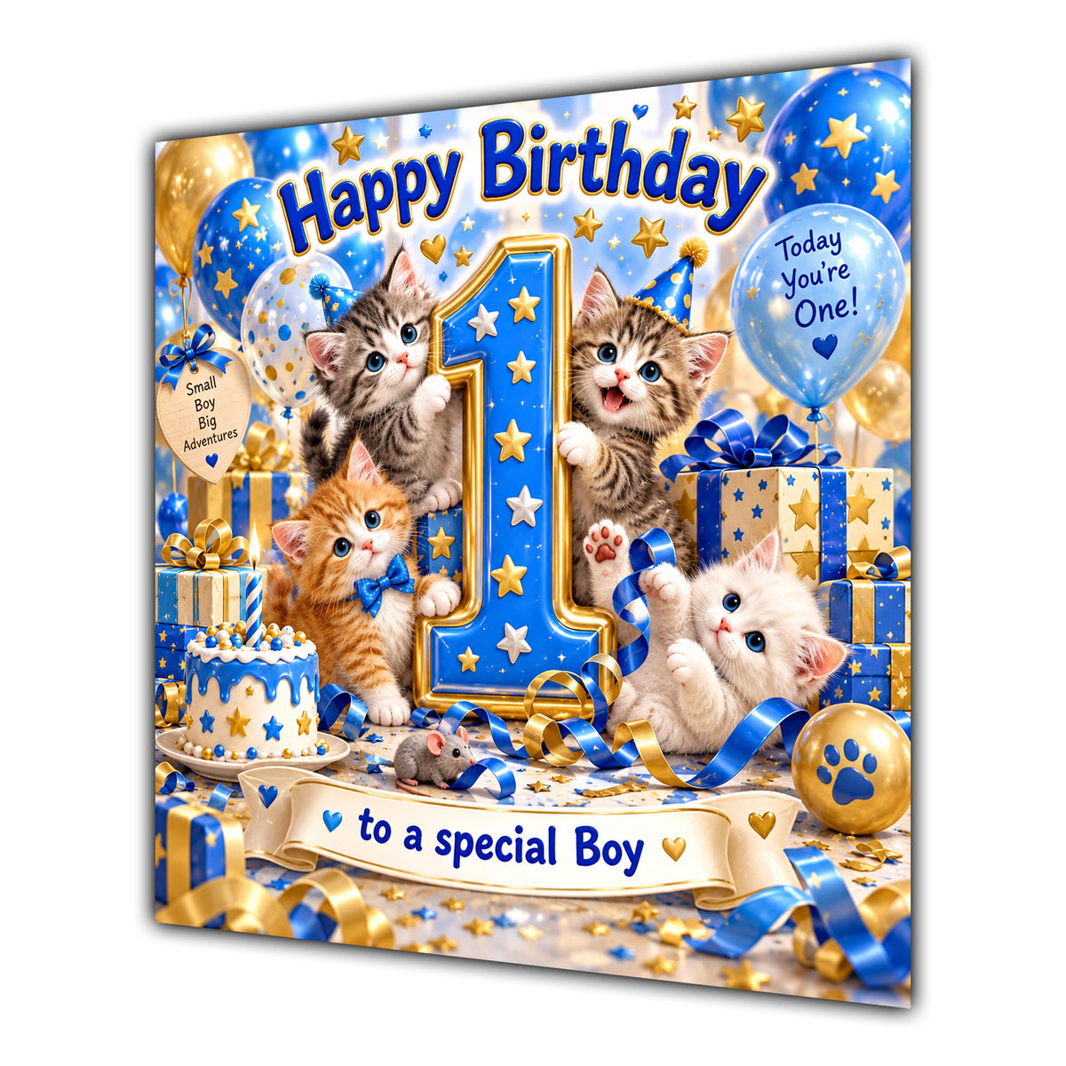 Boy 1st Birthday Card Cute Kittens Blue Gold Balloons