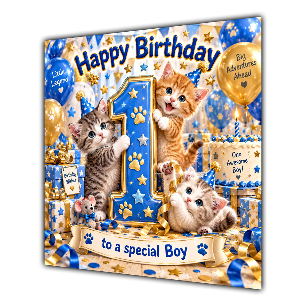 Boy 1st Birthday Card Cute Kittens Blue Gold Balloons
