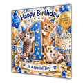 Boy 1st Birthday Card Cute Kittens Blue Gold Balloons