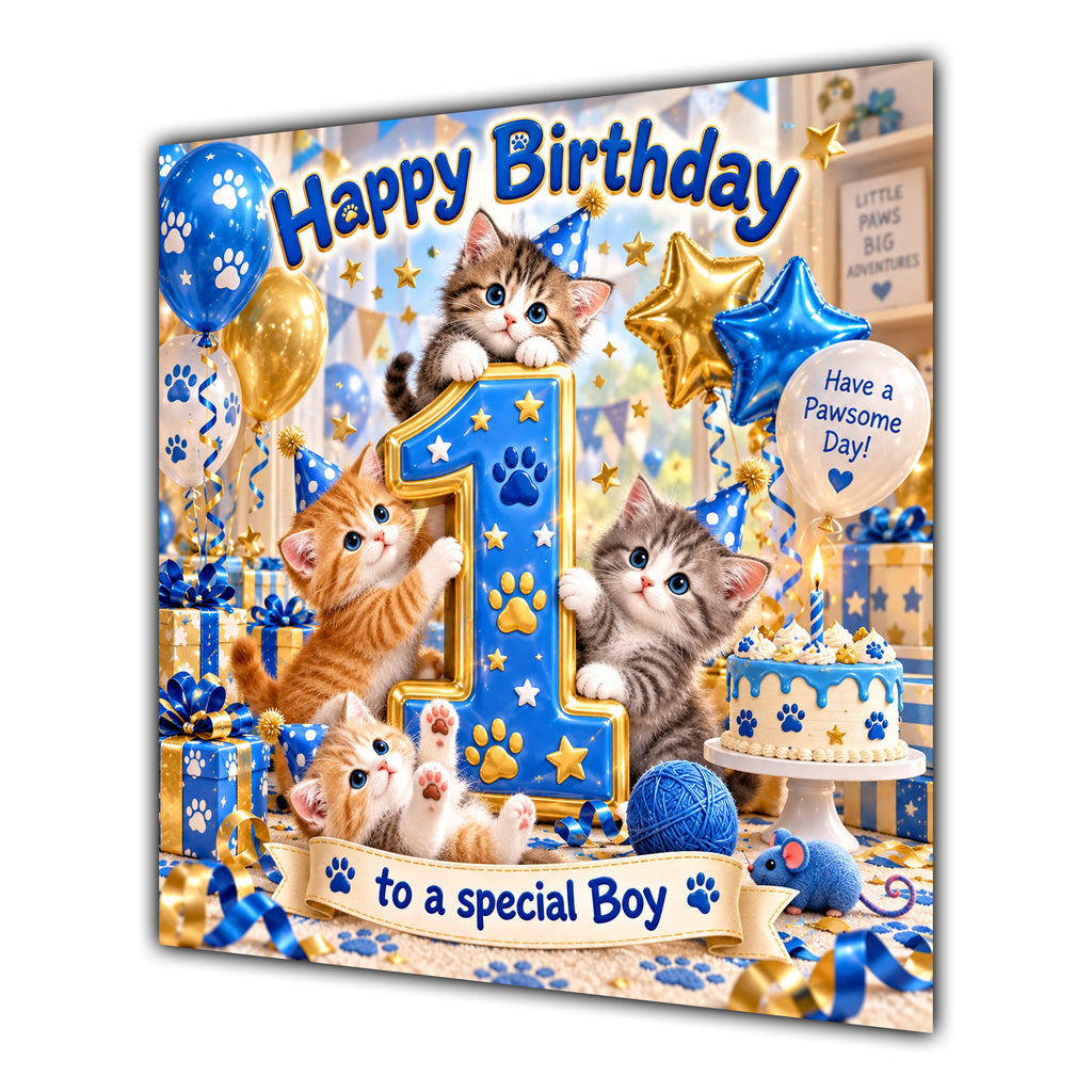Boy 1st Birthday Card Cute Kittens Blue Gold Balloons