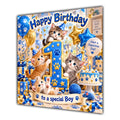 Boy 1st Birthday Card Cute Kittens Blue Gold Balloons