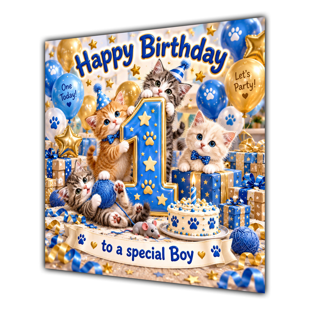 Boy 1st Birthday Card Cute Kittens Blue Gold Balloons