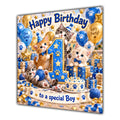 Boy 1st Birthday Card Cute Kittens Blue Gold Balloons