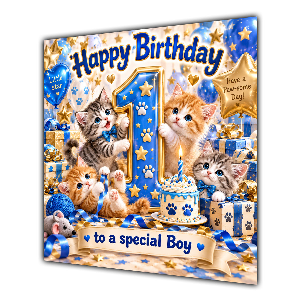 Boy 1st Birthday Card Cute Kittens Blue Gold Balloons