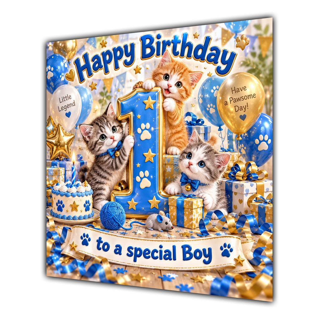 Boy 1st Birthday Card Cute Kittens Blue Gold Balloons