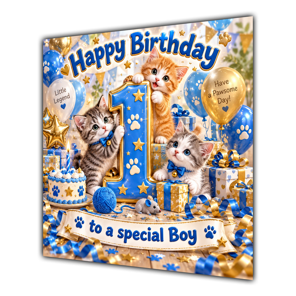Boy 1st Birthday Card Cute Kittens Blue Gold Balloons