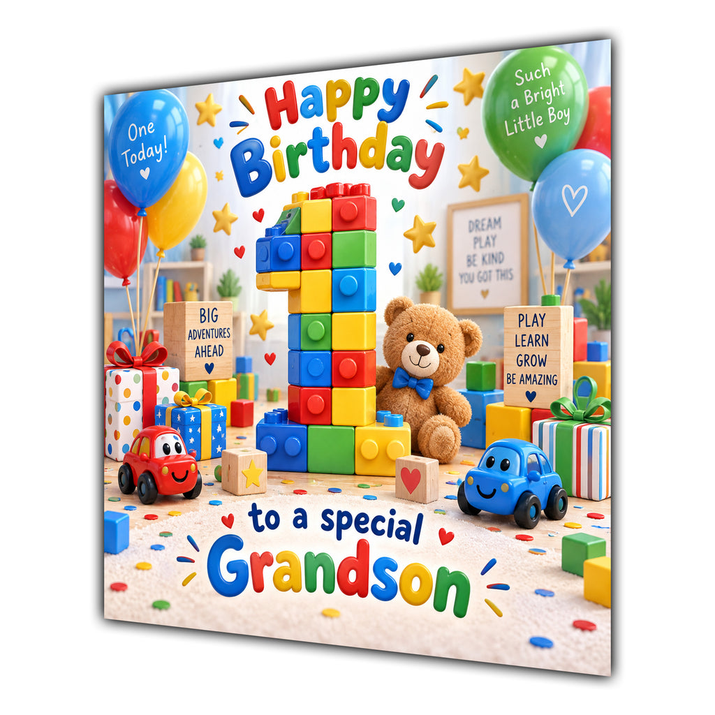 Grandson 1st Birthday Card Colourful Building Blocks Toys