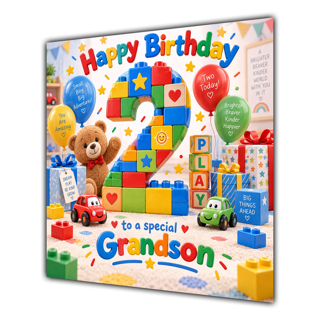 Grandson 2nd Birthday Card Colourful Building Blocks Toys