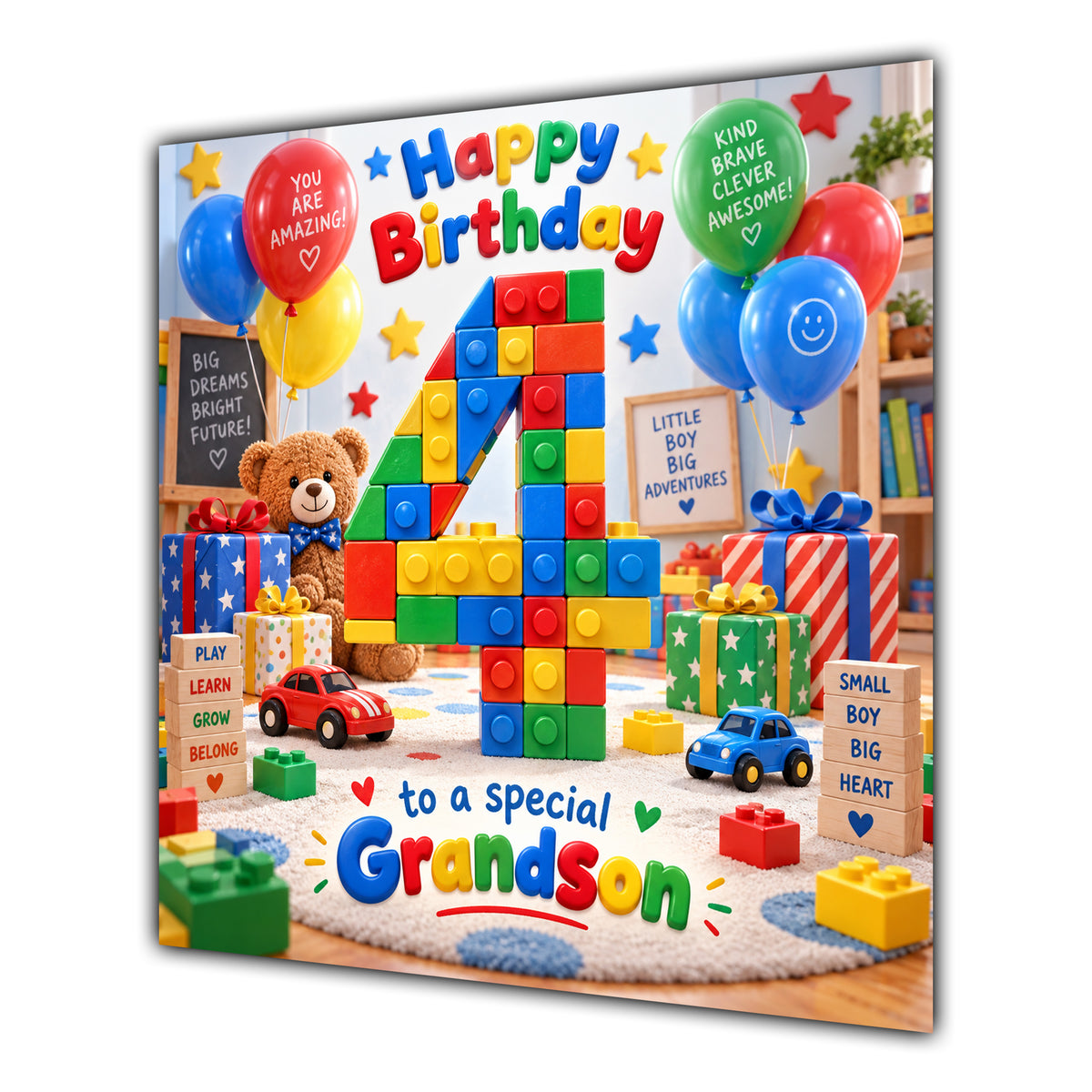 Grandson 4th Birthday Card Colourful Building Blocks Toys