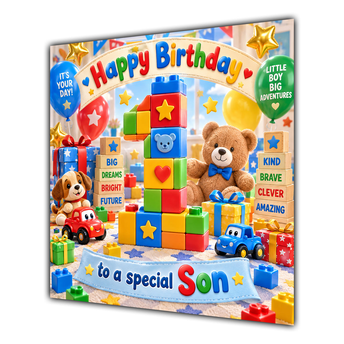 Son 1st Birthday Card Colourful Building Blocks Toys