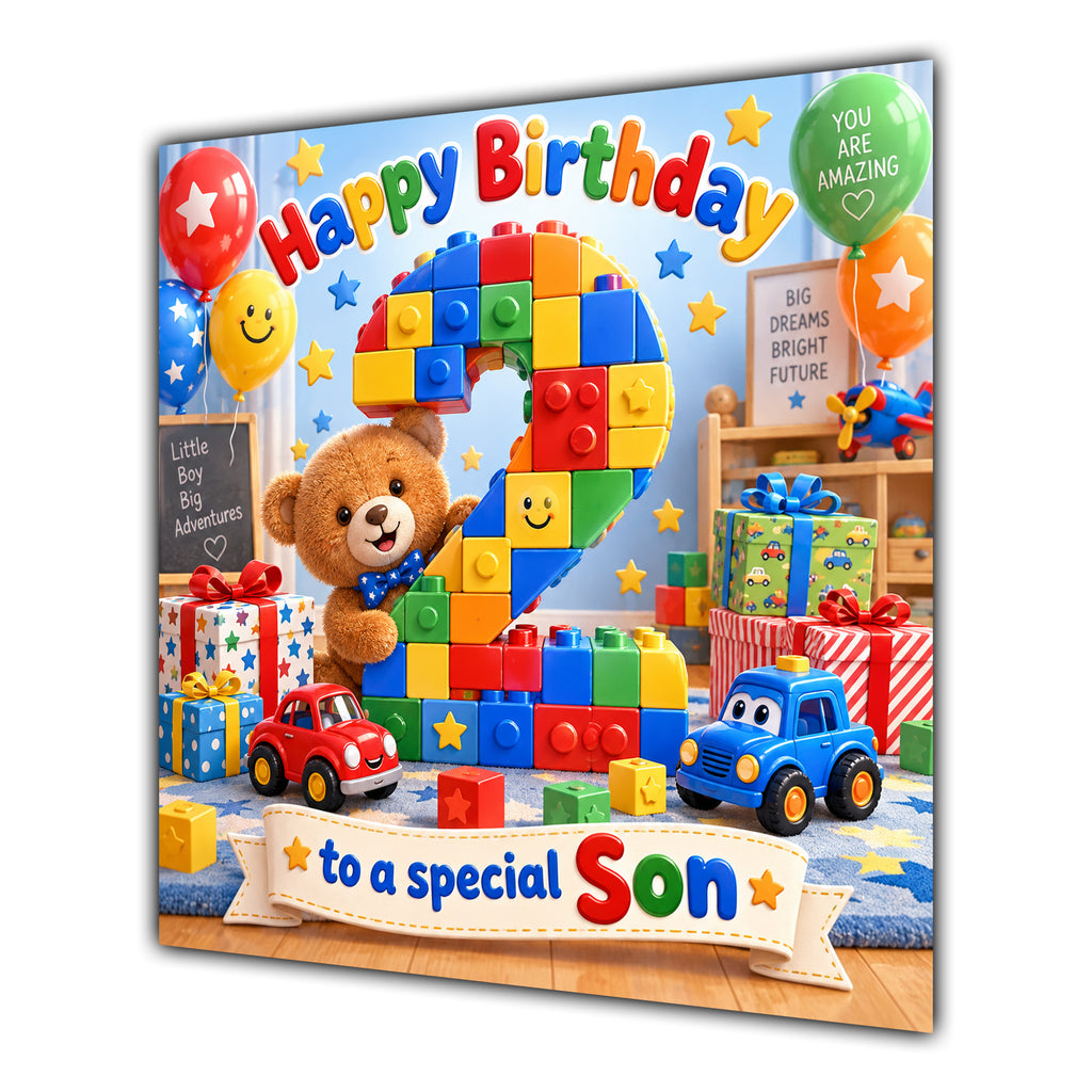 Son 2nd Birthday Card Colourful Building Blocks Toys