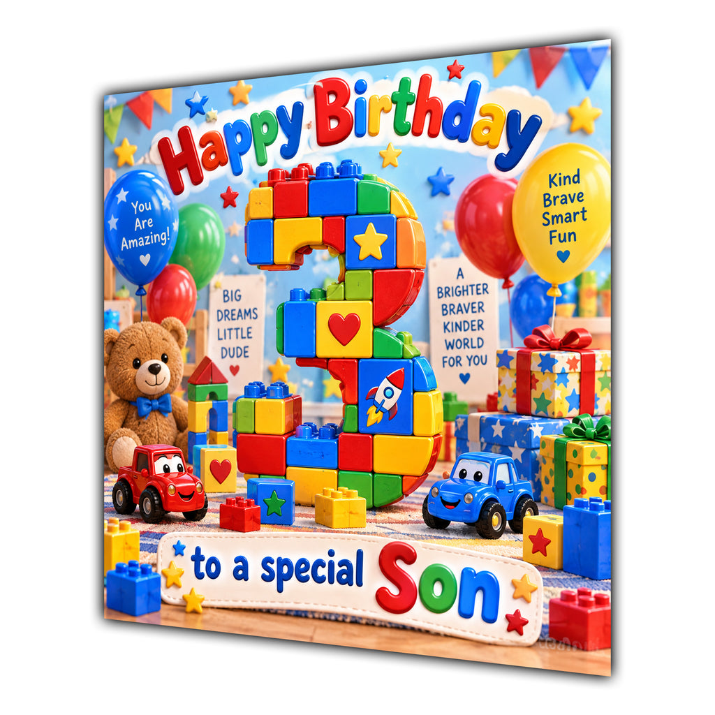 Son 3rd Birthday Card Colourful Building Blocks Toys