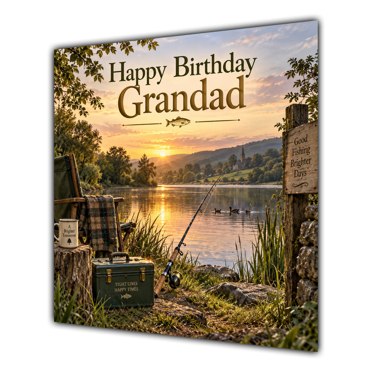 Grandad Birthday Card Fishing Lake Sunset